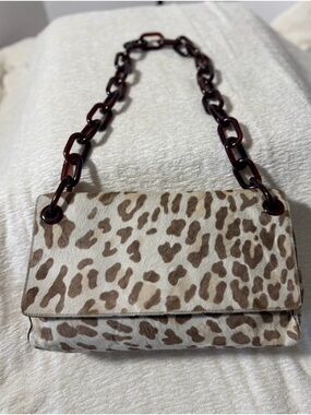 Vintage Prada Leopard Print pony hair Shoulder Bag with Tortoiseshell Chain